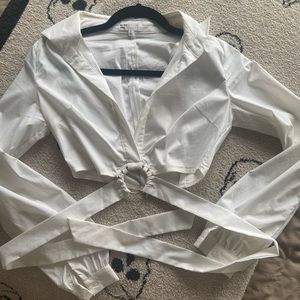Revolve White Linen Collared Crop Top with Waist Tie Around, Size XS